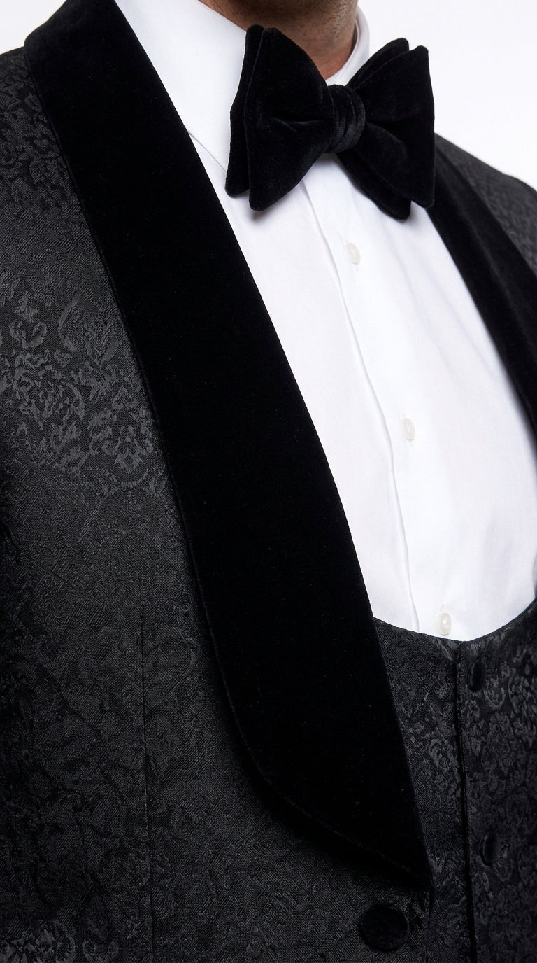 Rossi Man Men’s Black 3-Piece Tuxedo - Floral Jacquard Shawl Lapel Wedding and Prom Suit