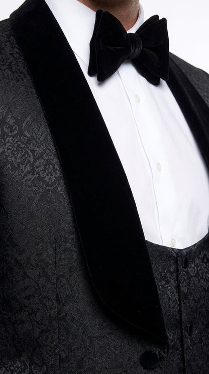 Rossi Man Men’s Black 3-Piece Tuxedo - Floral Jacquard Shawl Lapel Wedding and Prom Suit