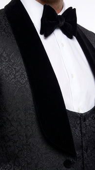 Rossi Man Men’s Black 3-Piece Tuxedo - Floral Jacquard Shawl Lapel Wedding and Prom Suit