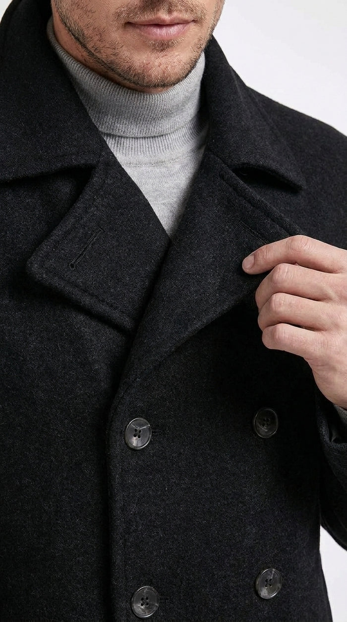 Men’s Black Big and Tall Wool Peacoat – Regular Fit Double-Breasted Winter Coat