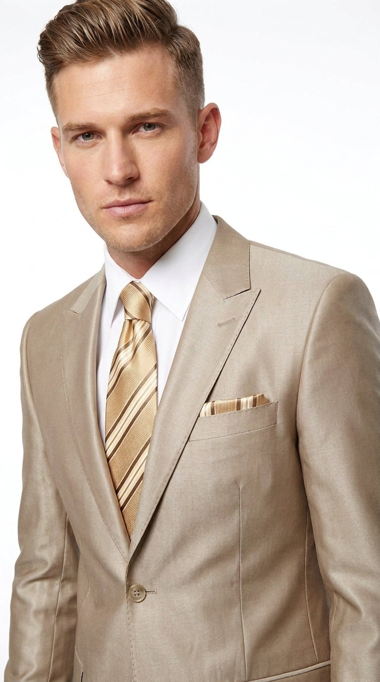 Men’s Tan Shiny Sharkskin 2 Button Suit, Peak Lapel Formal Wedding Business Dress Suit Modern Fit