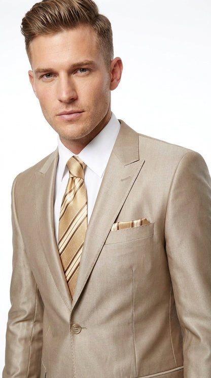 Men’s Tan Shiny Sharkskin 2 Button Suit, Peak Lapel Formal Wedding Business Dress Suit Modern Fit