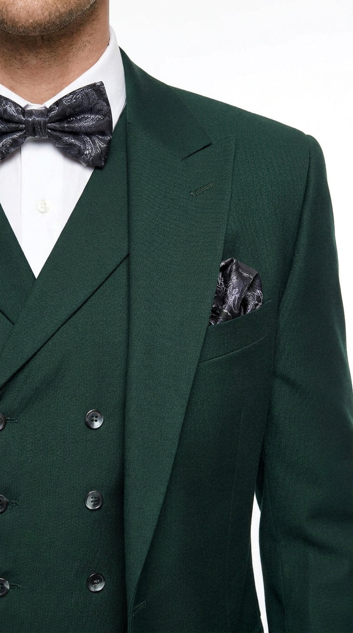 Men’s Hunter Green Big and Tall 3-Piece Wool Suit – Classic Fit Peak Lapel Suit with Double-Breasted Vest and Pleated Pants