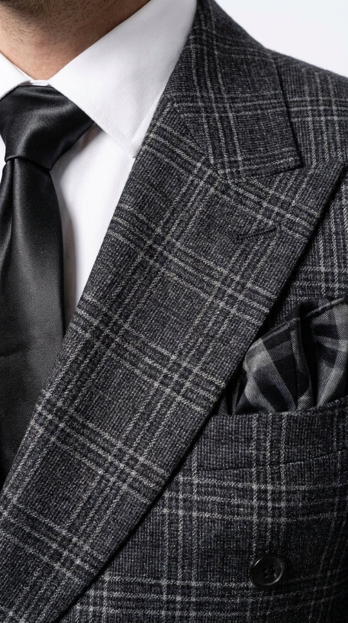 Rossi Man Men’s Charcoal Plaid Double-Breasted Suit – Windowpane Wedding, Business and Formal 2-Piece Suit  Modern Fit