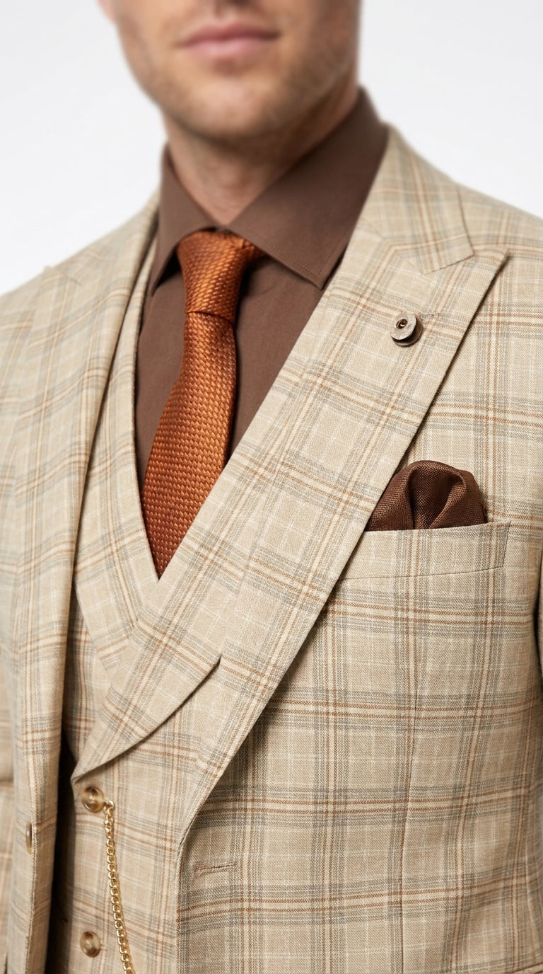Marc Darcy Men’s Khaki Tan Windowpane Plaid 3-Piece Wedding Suit – Double-Breasted Vest and Matching Pants Modern Fit