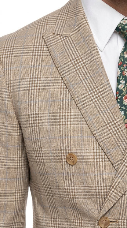 Alexander Collection Men’s Beige Double-Breasted Windowpane Suit – Regular Fit 2-Piece Wedding, Business and Formal Suit