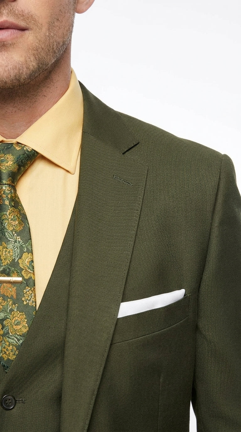 Men's Olive Green 3 Piece Suit – Classic Fit Vested Wedding, Business & Formal Suit with Flat Front Pants