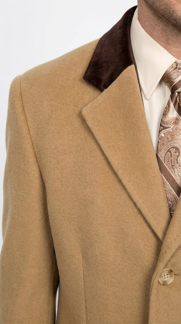 Men’s Camel Chesterfield Overcoat with Brown Velvet Collar, Full Length Cashmere Style Dress Coat