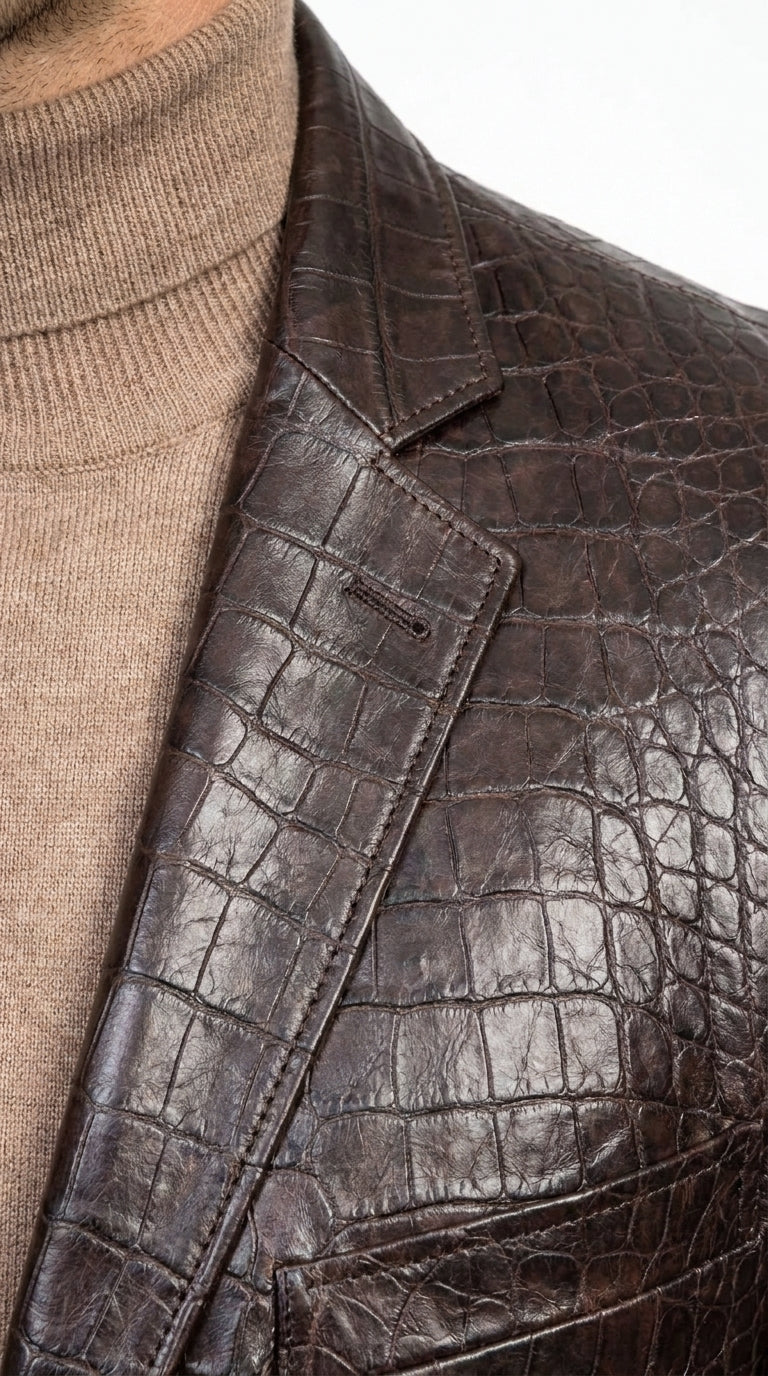 Zacchi Men’s Brown Crocodile Print Blazer, Italian Cut Alligator Leather Feel Sport Coat