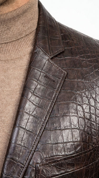 Zacchi Men’s Brown Crocodile Print Blazer, Italian Cut Alligator Leather Feel Sport Coat
