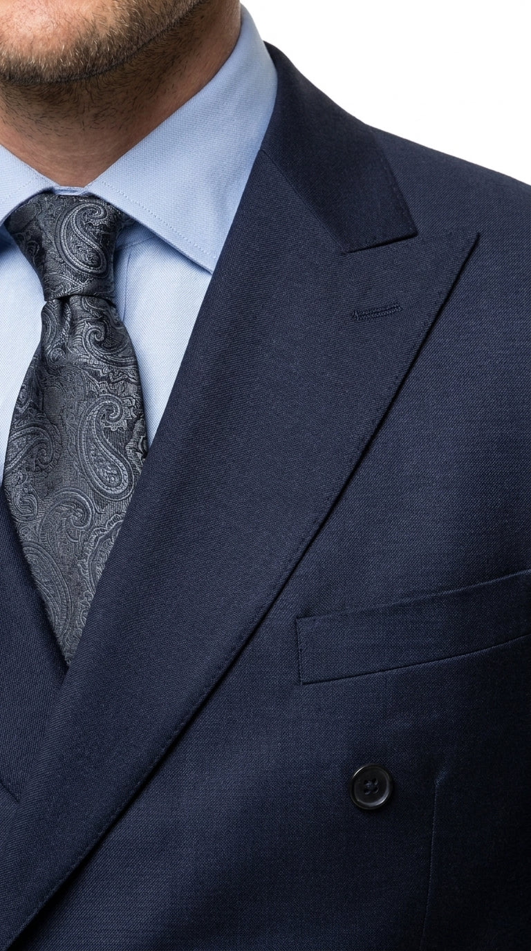 Men’s Navy Double Breasted Wool Suit, Peak Lapel Side Vent Jacket with Pleated Pants