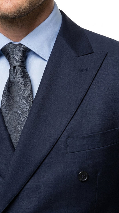 Men’s Navy Double Breasted Wool Suit, Peak Lapel Side Vent Jacket with Pleated Pants