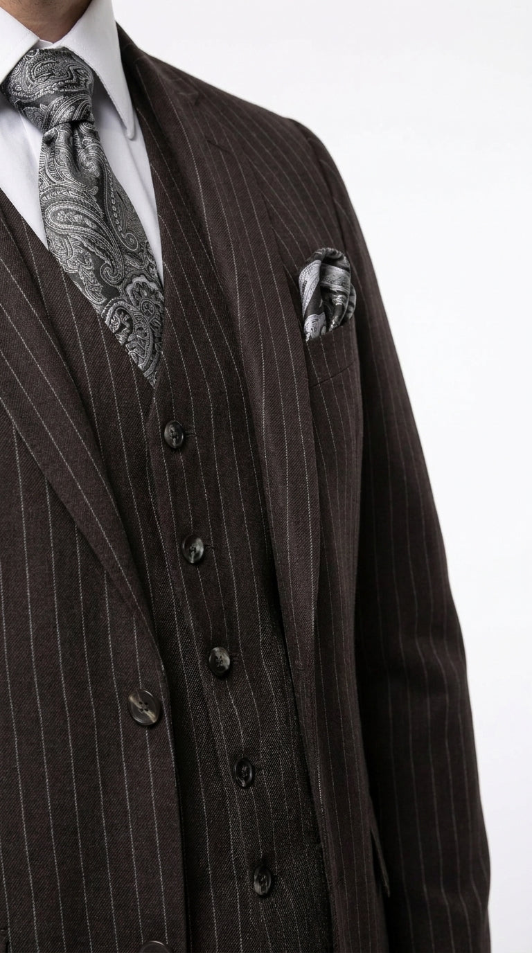 Men’s Jet Black Chalk White Pinstripe 3 Piece Suit, Super 150s Italian Fabric Vested Formal Suit