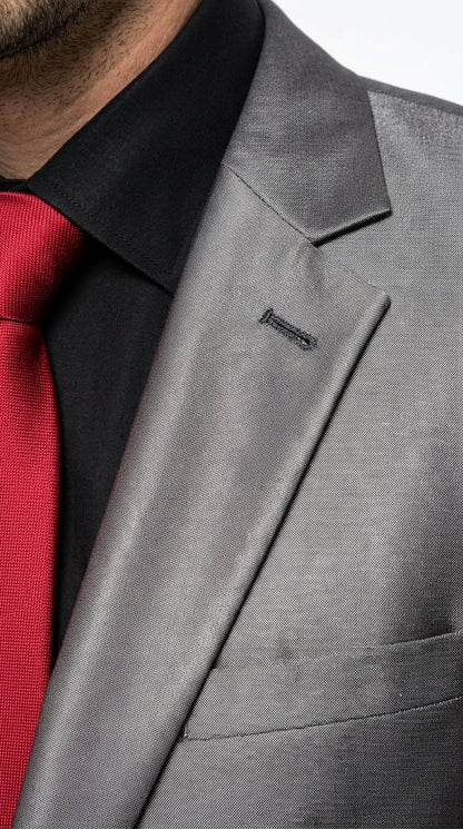 Men’s Shiny Sharkskin Charcoal Gray Suit, 2 Button Dark Grey Formal Suit with Flat Front Pants