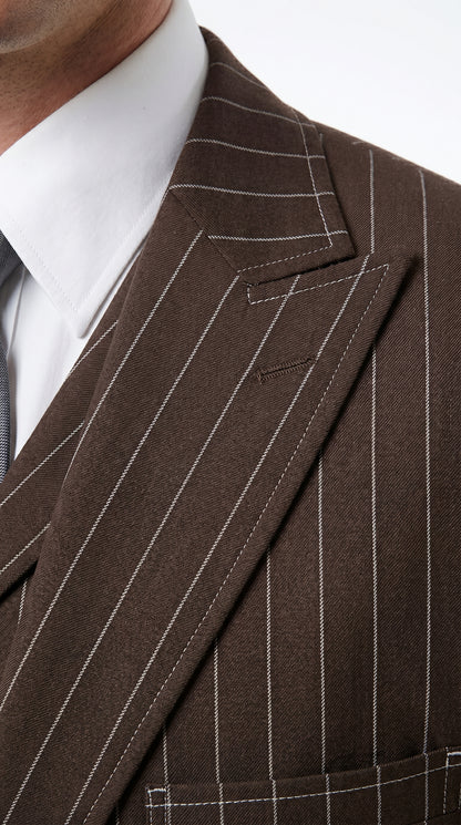 Men’s Brown Pinstripe Zoot Suit with 3 Button Jacket, Vest and Wide Leg Pants, 1920s Gangster Suit