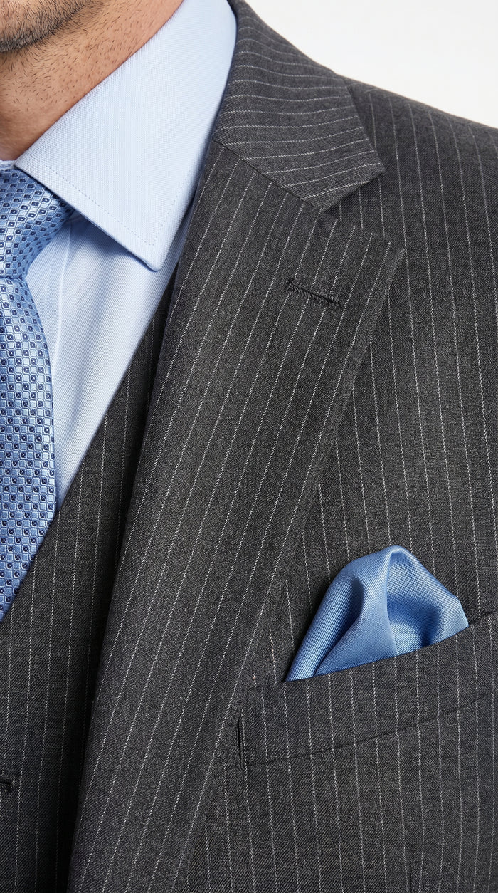 Men’s Charcoal Gray Pinstripe 3 Piece Vested Suit with 2 or 3 Button Jacket, Formal Dress Suit
