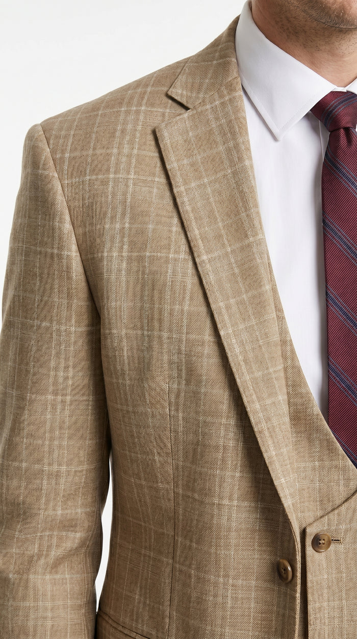 Men’s Camel Plaid Windowpane Vested Suit with 2 Button Jacket, Peak Lapel and Matching Pants Modern Fit