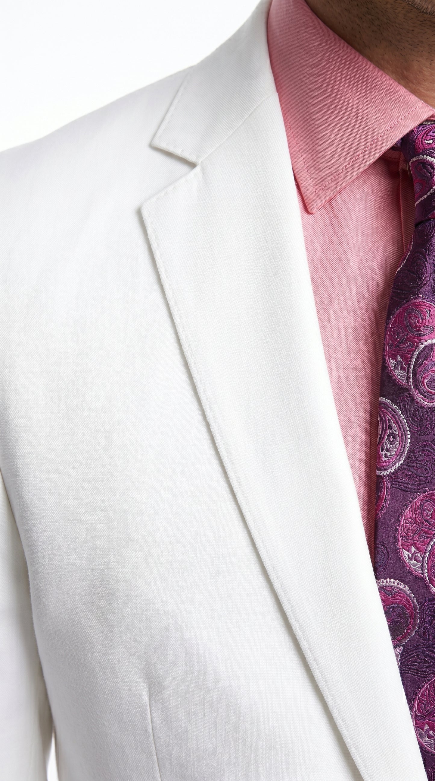 Men’s White Linen 2 Piece Suit with Two Button Jacket, Side Vents and Matching Pants