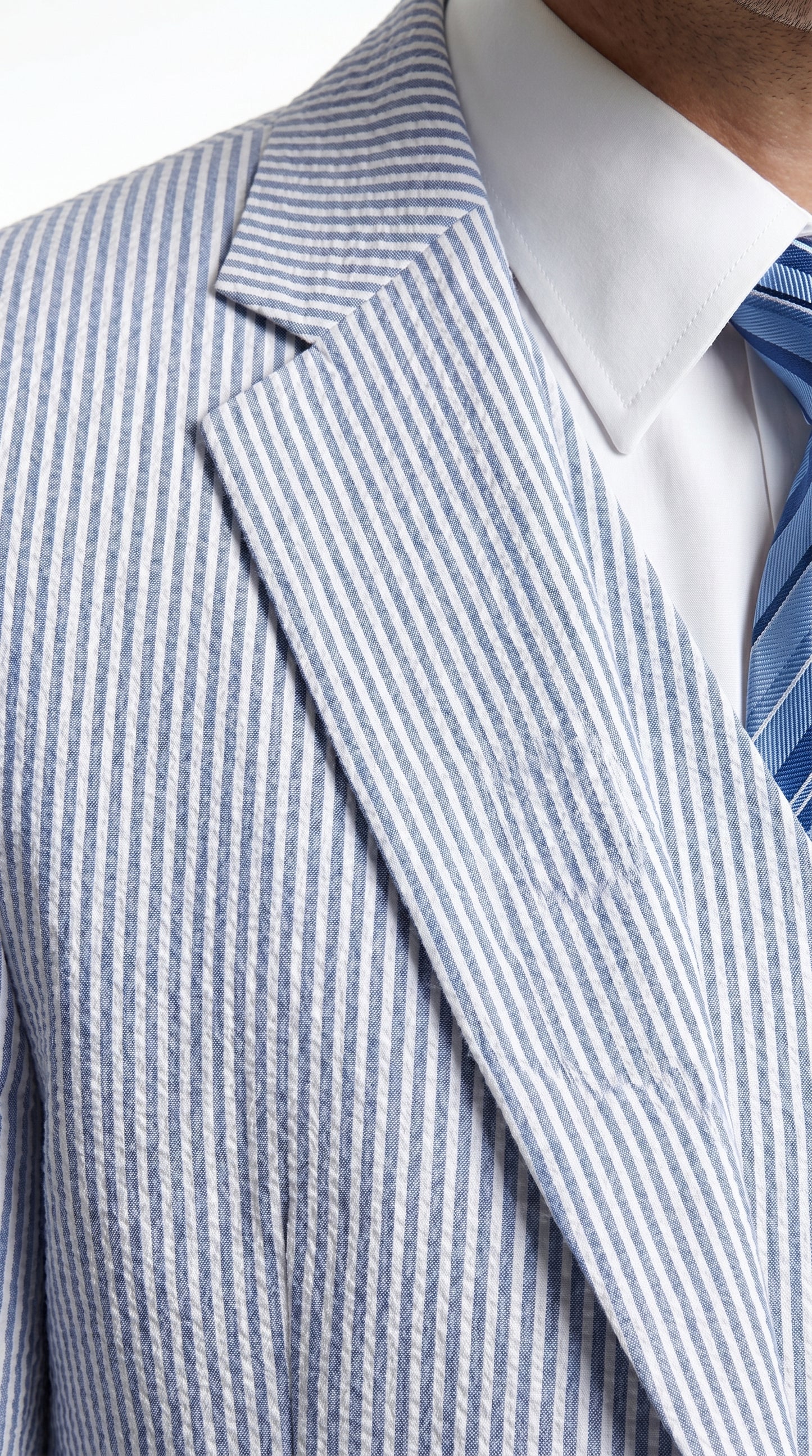 Men’s Light Blue Seersucker Suit with Jacket, Vest and Pants, High Quality Summer Dress Suit