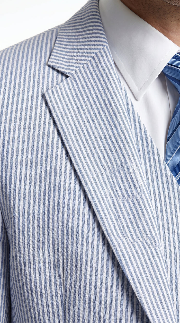 Men’s Light Blue Seersucker Suit with Jacket, Vest and Pants, High Quality Summer Dress Suit