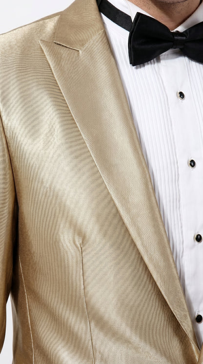 Men’s Champagne Tan Shiny Sharkskin 2 Button Suit, Formal Wedding Prom Dress Suit