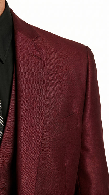 Men’s Burgundy Wine Maroon Sharkskin Vested Suit with Jacket, Vest and Pants