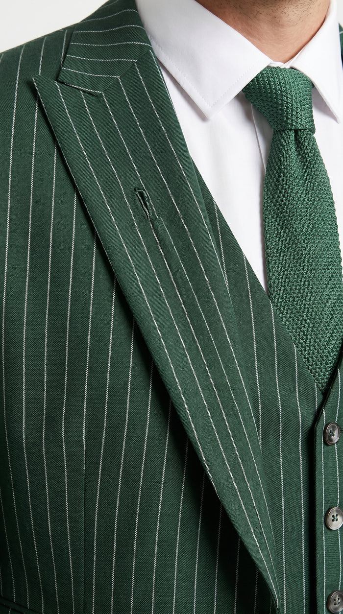 Men’s Hunter Green Great Gatsby Pinstripe 3 Piece Suit, 1920s Gangster Outfit Modern Fit