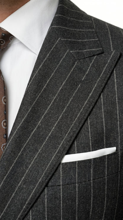 Men’s Grey Pinstripe Slim Fit Wool Suit with 2 Button Jacket and Peak Lapel