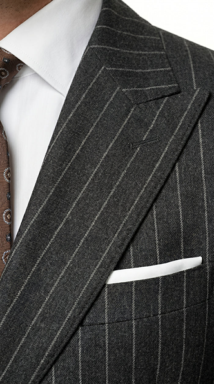 Men’s Grey Pinstripe Slim Fit Wool Suit with 2 Button Jacket and Peak Lapel