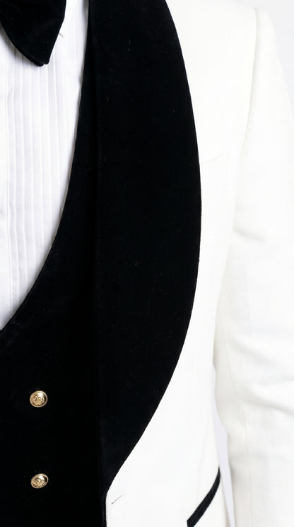 Men’s White and Black Wedding Tuxedo with Black Double Breasted Vest, Groom Prom Suit