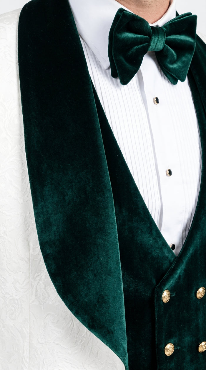Men’s White and Dark Green Wedding Tuxedo with Double Breasted Vest, Wool Groom Prom Suit