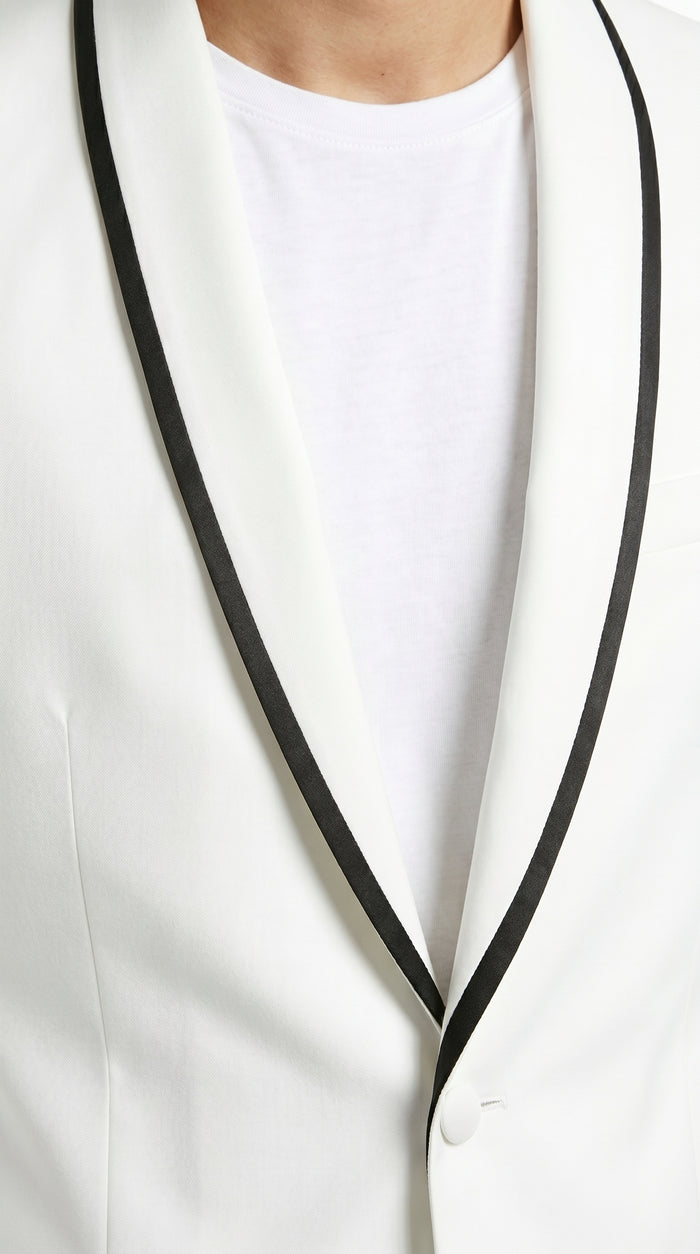 Men’s Waverly White Tuxedo Jacket by Ike Evening, Formal Dinner Jacket with Black Trim