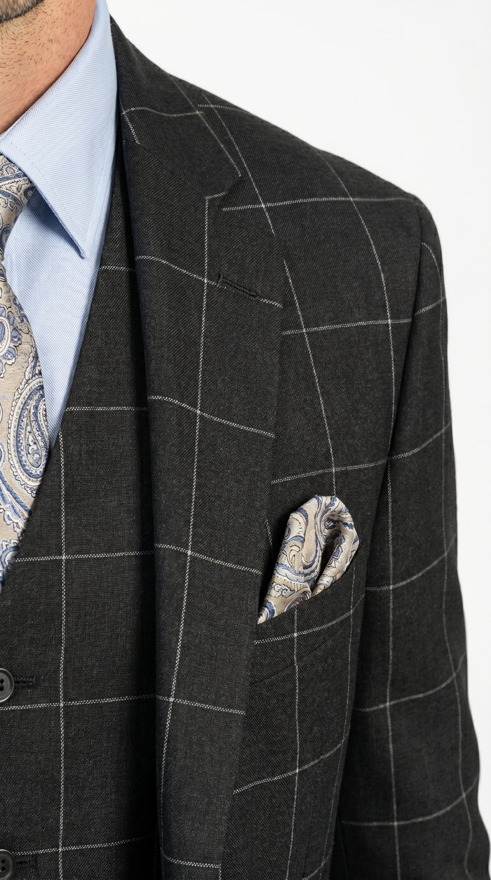 Men’s Black Windowpane Plaid 3 Piece Suit, 1920s Inspired Formal Dress Suit