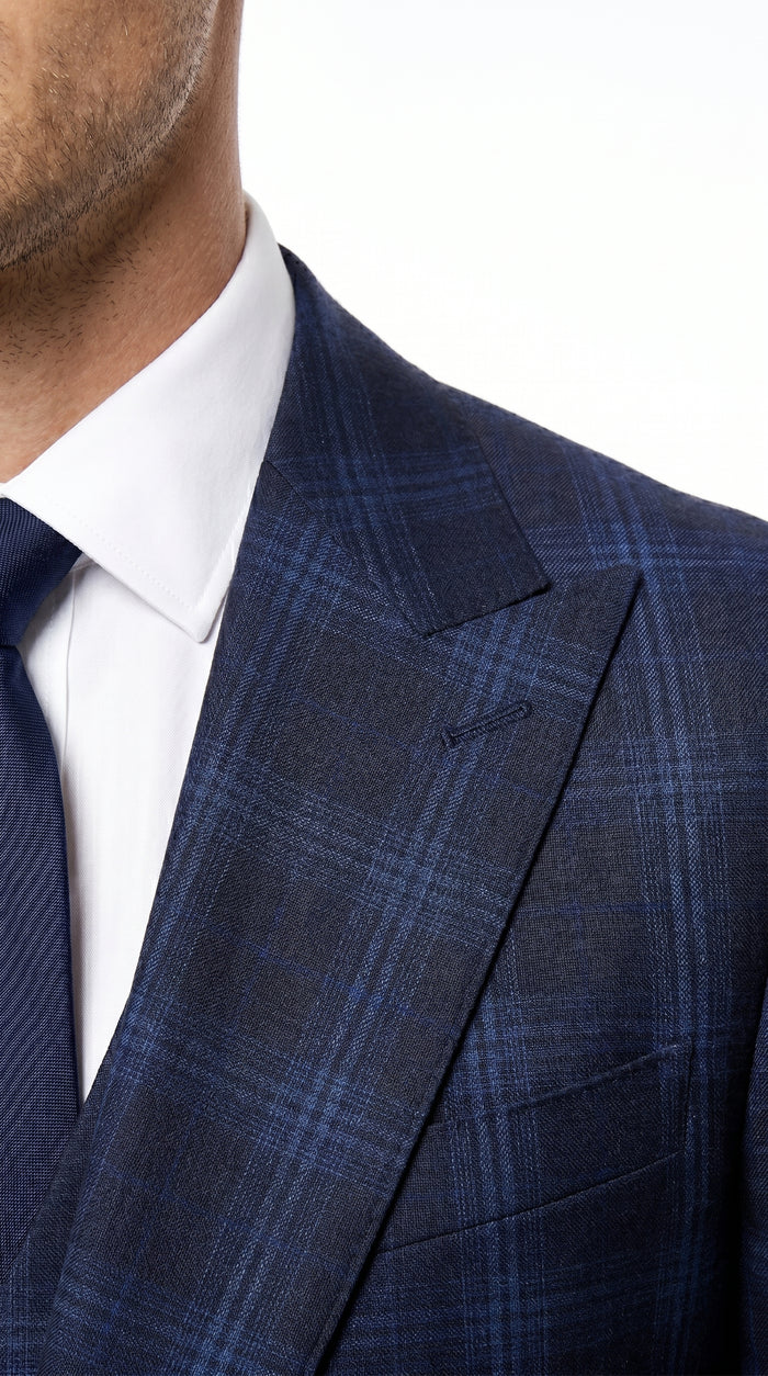 Men’s Indigo Sapphire Blue Plaid 3 Piece Suit with Double Breasted Vest, Slim Fit Windowpane Suit