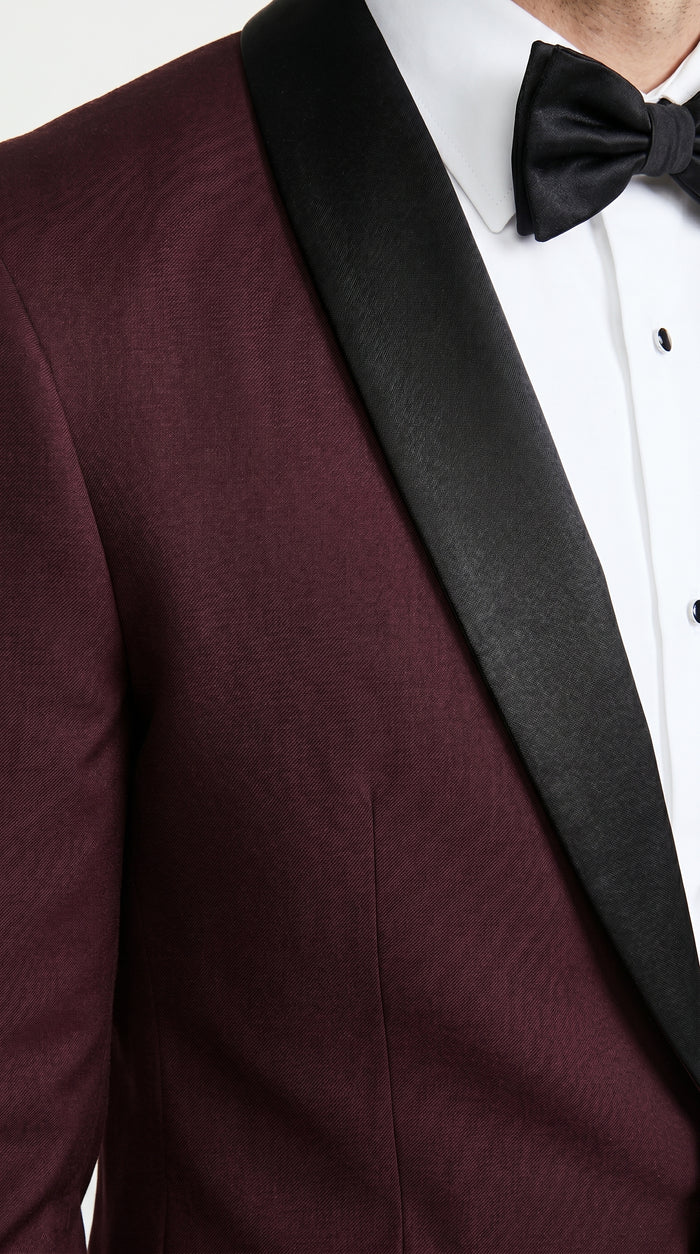 Men’s Maroon Slim Fit Tuxedo with Black Satin Lapel, Burgundy Wine Formal Prom Suit