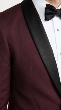 Men’s Maroon Slim Fit Tuxedo with Black Satin Lapel, Burgundy Wine Formal Prom Suit