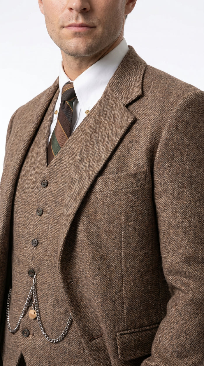 Men’s Light Brown Great Gatsby Tweed Herringbone Vested Suit, Tobey Maguire Inspired 1920s Formal Outfit Modern Fit