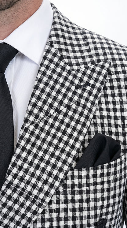 Men’s Black & White Houndstooth Double Breasted Wool Suit – 2 Piece Peak Lapel Suit Modern Fit