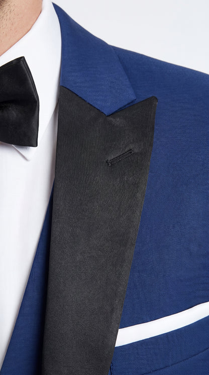 Men’s Indigo Blue Sapphire Cobalt Blue 1 Button Vested Tuxedo with Black Satin Peak Lapel