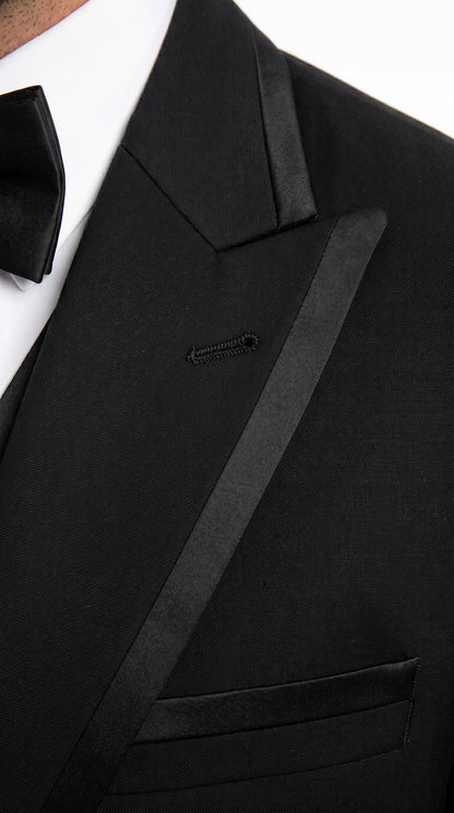 Men’s Black Modern 1 Button Tuxedo Suit with Satin Trim Peak Lapel and Wide Lapel Design