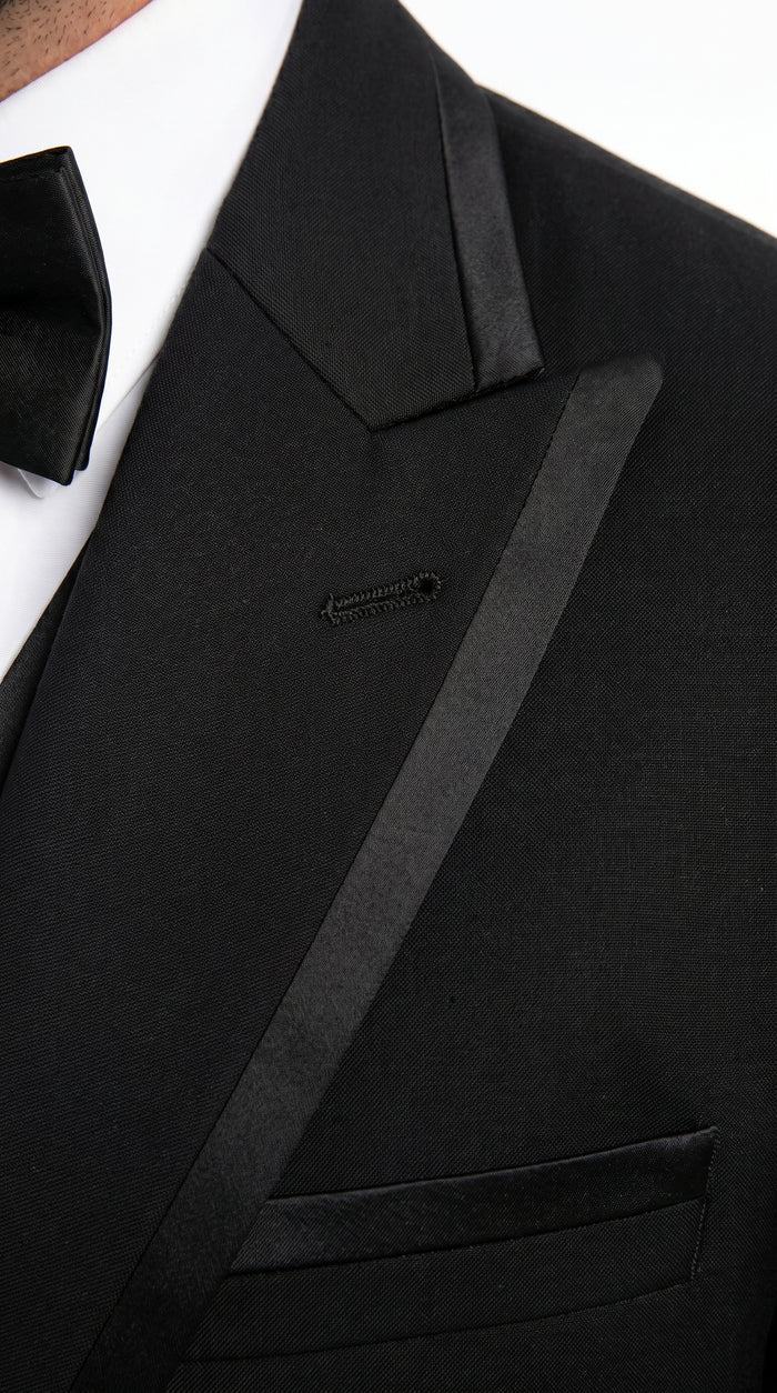 Men’s Black Modern 1 Button Tuxedo Suit with Satin Trim Peak Lapel and Wide Lapel Design