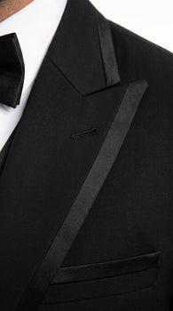 Men’s Black Modern 1 Button Tuxedo Suit with Satin Trim Peak Lapel and Wide Lapel Design
