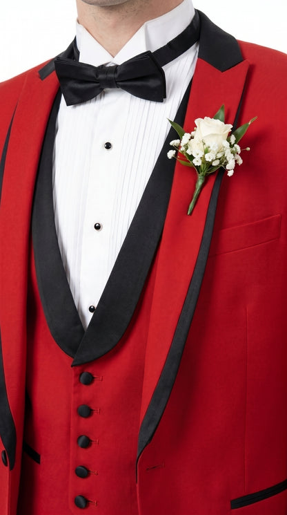 Men’s Red Prom Tuxedo Suit with Vest and Black Trim, Formal Wedding Dinner Suit