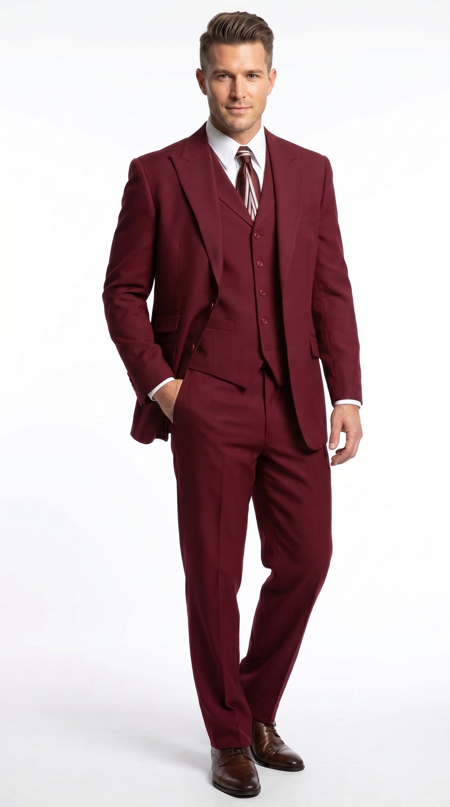 Men’s Burgundy Wine Maroon 3 Piece Vested Suit, Peak Lapel Formal Wedding Church Dress Suit Set