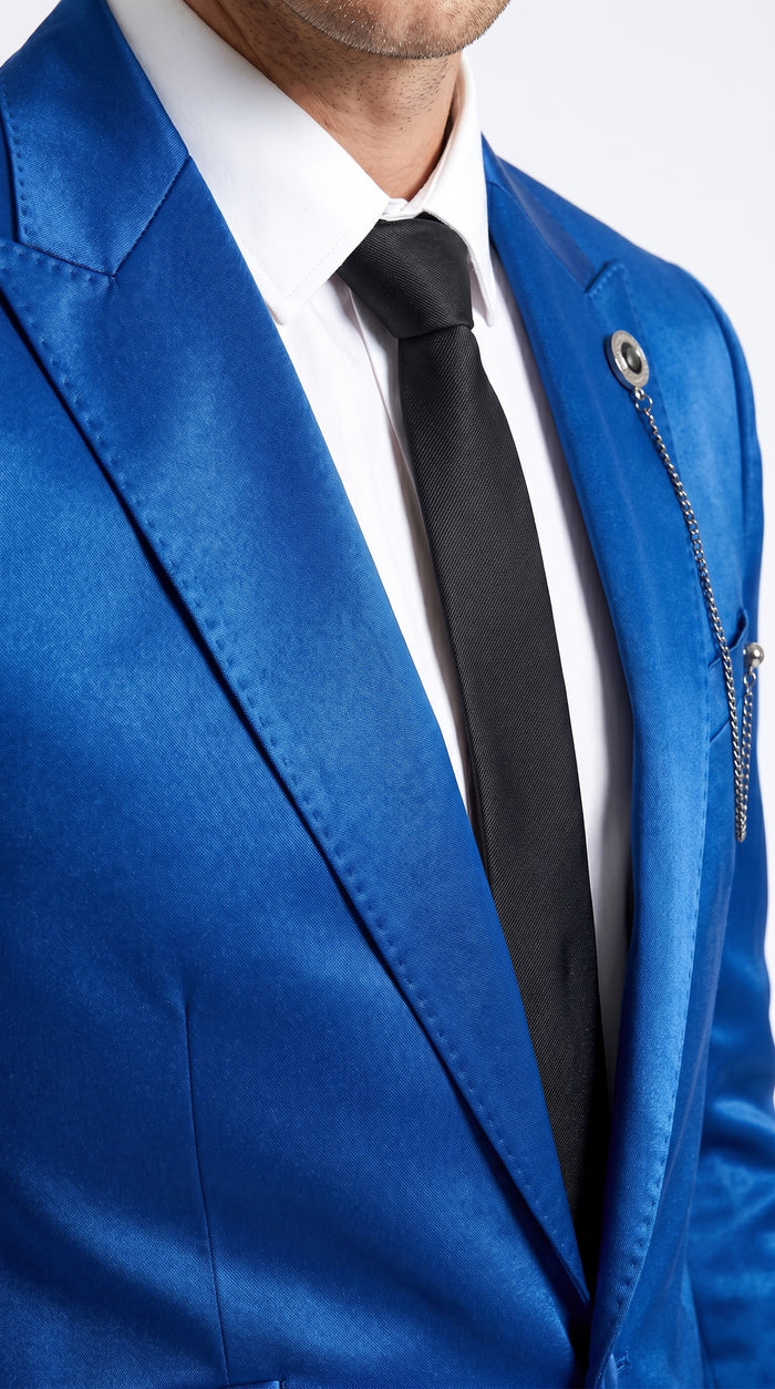 Men’s Shiny Metallic Blue Sharkskin Suit, Single Breasted Formal Wedding Prom Dress Suit Set  Modern Fit
