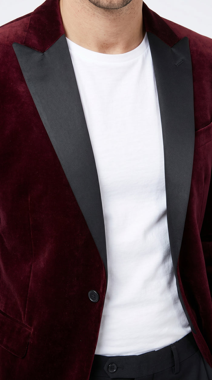 Men’s Burgundy Velvet Tuxedo Blazer with Black Satin Lapel, Crushed Velour Formal Sport Coat