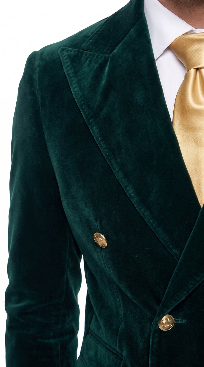 Men’s Rossi Man Zeus Emerald Green Velvet Double Breasted Tuxedo Suit, Formal Wedding Prom Dinner Suit