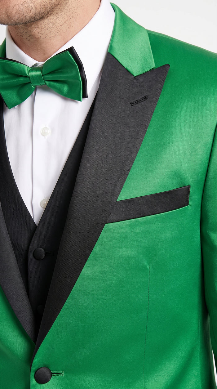 Men’s Emerald Green Tuxedo with Black Shawl Lapel, Black Vest and Pants – Formal 3 Piece Prom Wedding Suit