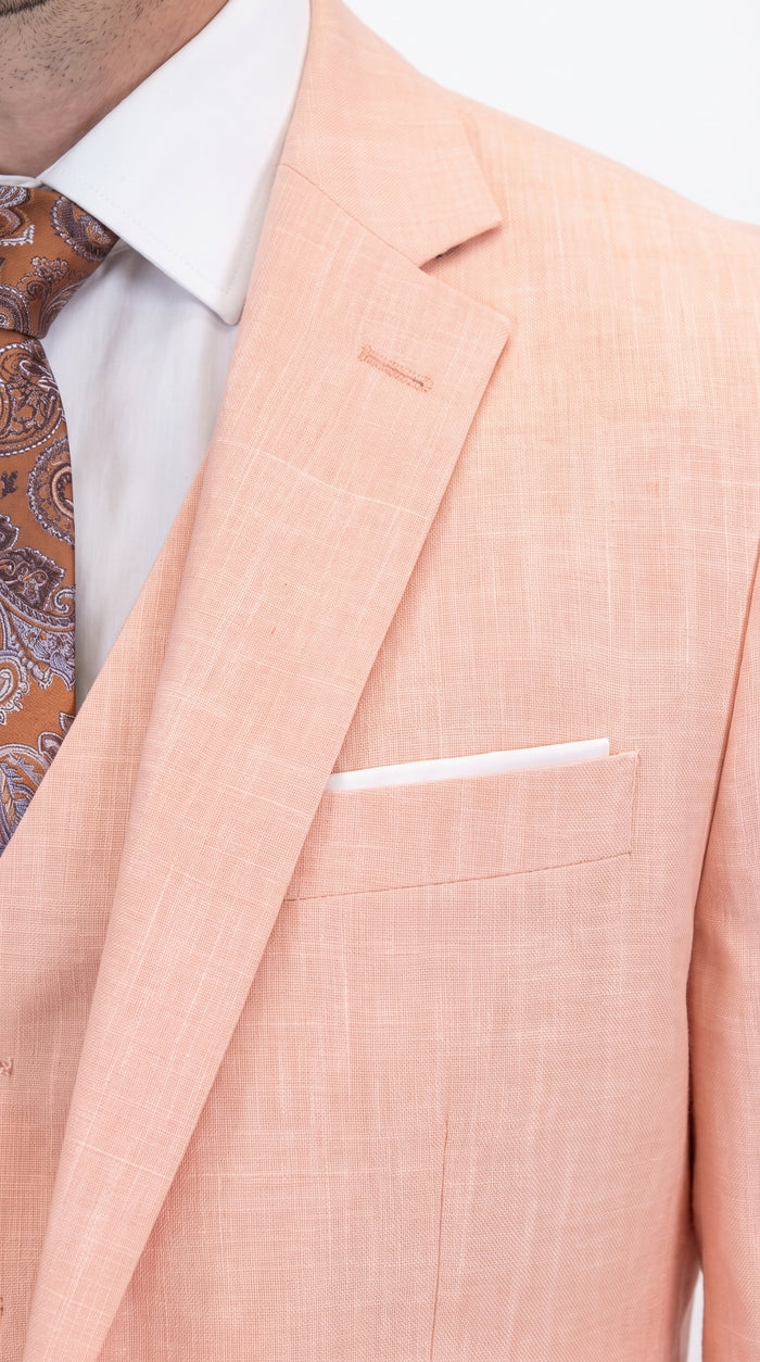 Men’s Peach Light Orange Blush 3 Piece Summer Suit with 2 Button Jacket and Ticket Pocket