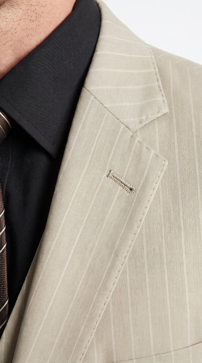Men’s Tan Beige Pinstripe 3 Piece Vested Suit, 2 Button Formal Wedding Business Dress Suit